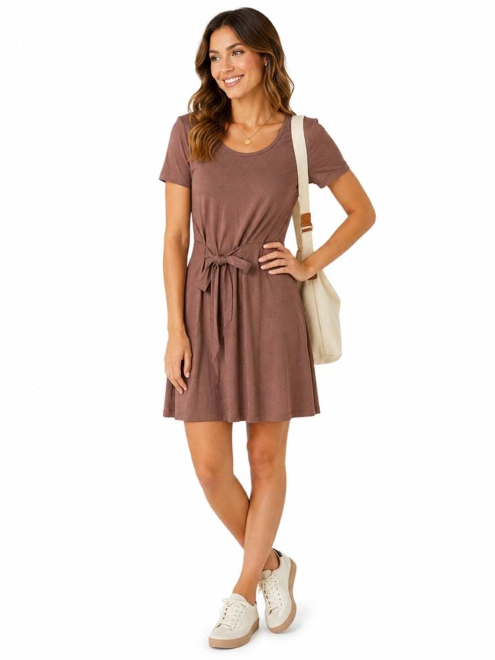 RW&CO Chocolate Brown Knit Tie Waist Dress Large NWOT Short Sleeve Fall